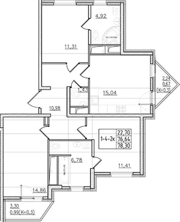 3-комнатная квартира 78.3 м², 12/19 эт., ЖК «Мурино Клаб»